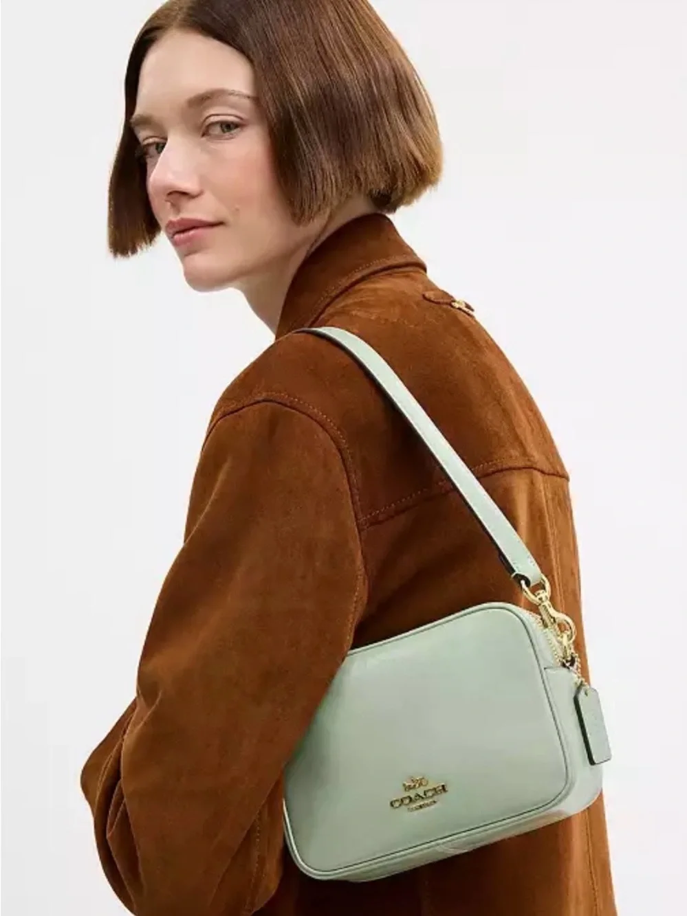 💚COACH NWT Mini Carey Pistachio Green Leather Shoulder Bag with Gold Hardware